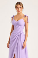 Load image into Gallery viewer, Lilac A Line Maxi Spaghetti Straps Bridesmaid Dress with Slit