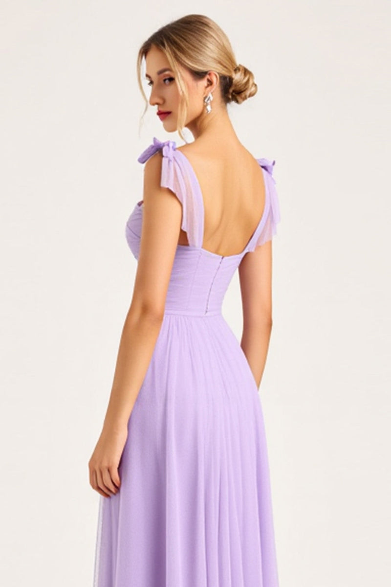 Load image into Gallery viewer, Lilac A Line Maxi Spaghetti Straps Bridesmaid Dress with Slit