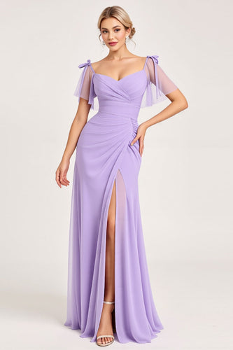 Lilac Maxi Sheath Ruched Bridesmaid Dress with Ruffles
