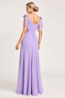 Load image into Gallery viewer, Lilac Maxi Sheath Ruched Bridesmaid Dress with Ruffles