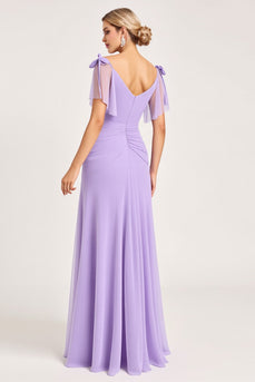 Lilac Maxi Sheath Ruched Bridesmaid Dress with Ruffles