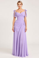 Load image into Gallery viewer, Lilac Maxi Sheath Ruched Bridesmaid Dress with Ruffles