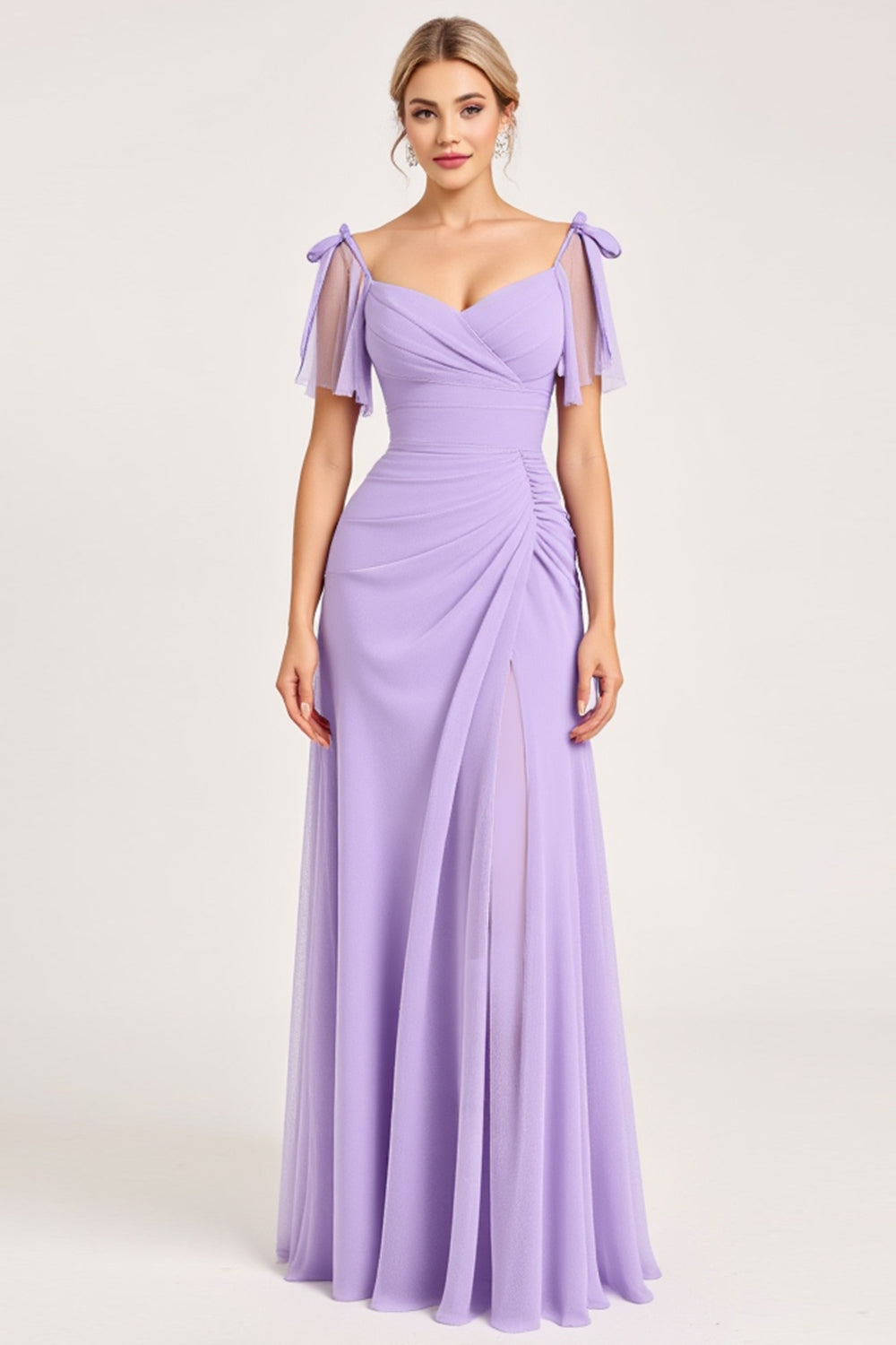 Lilac Maxi Sheath Ruched Bridesmaid Dress with Ruffles