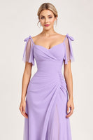 Load image into Gallery viewer, Lilac Maxi Sheath Ruched Bridesmaid Dress with Ruffles