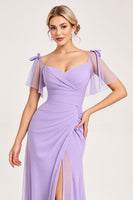 Load image into Gallery viewer, Lilac Maxi Sheath Ruched Bridesmaid Dress with Ruffles