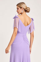 Load image into Gallery viewer, Lilac Maxi Sheath Ruched Bridesmaid Dress with Ruffles