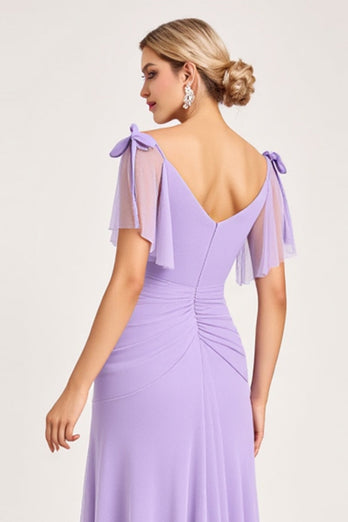 Lilac Maxi Sheath Ruched Bridesmaid Dress with Ruffles