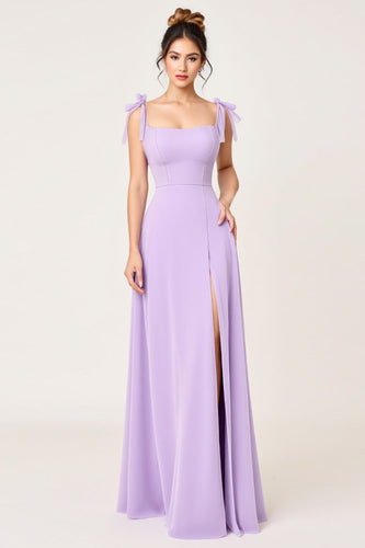 Simple Lilac A Line Maxi Bridesmaid Dress with Bow