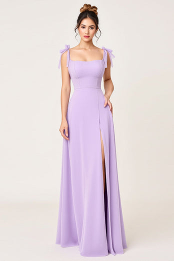 Simple Lilac A Line Maxi Bridesmaid Dress with Bow