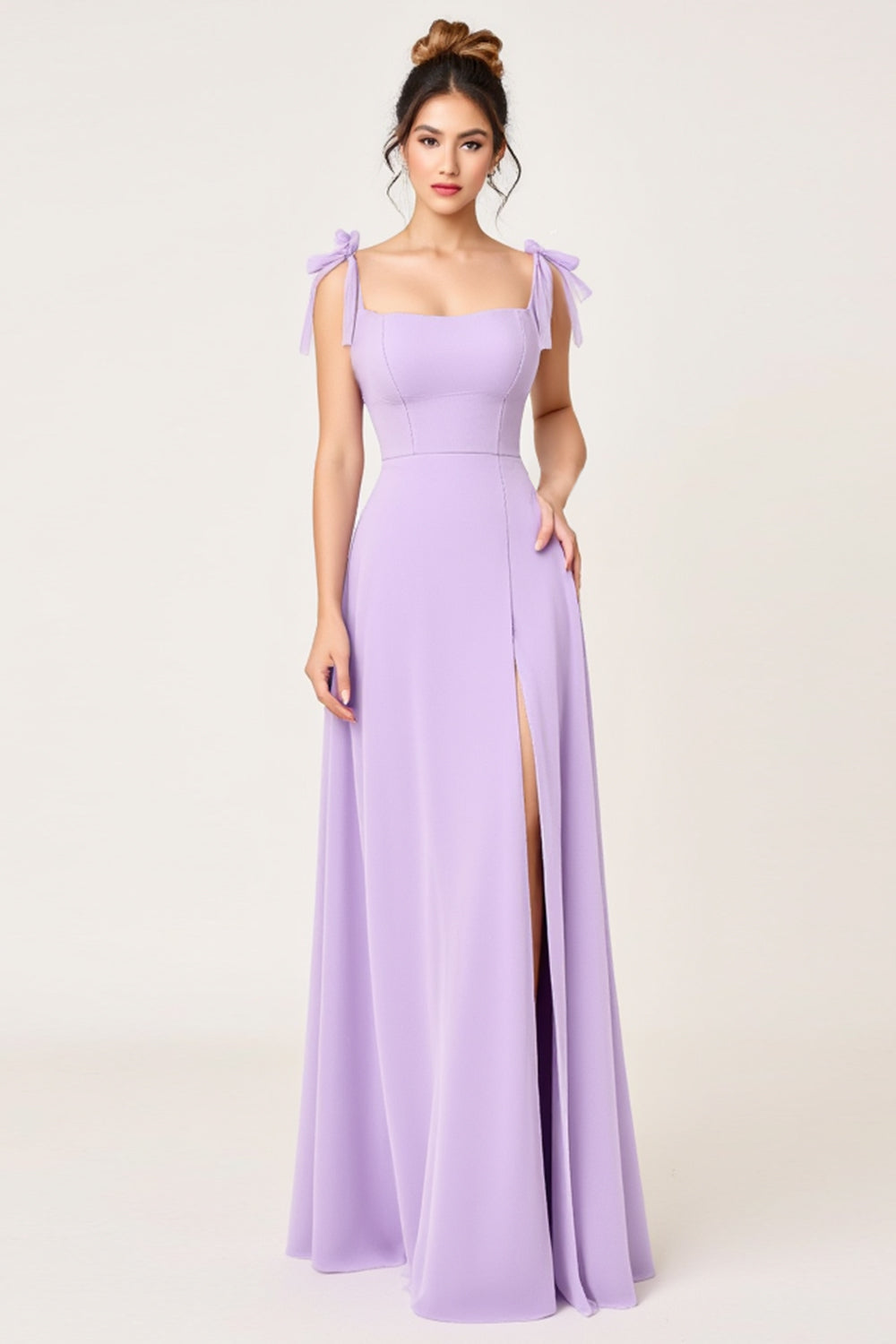 Simple Lilac A Line Maxi Bridesmaid Dress with Bow