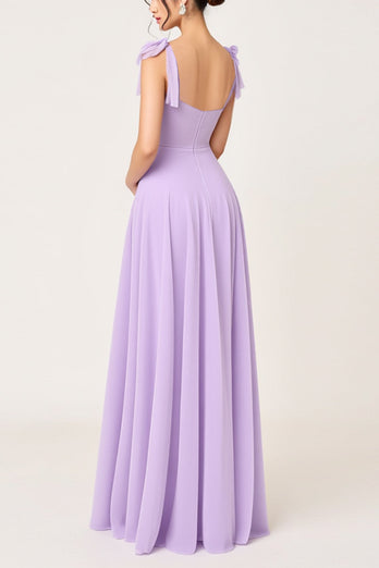 Simple Lilac A Line Maxi Bridesmaid Dress with Bow