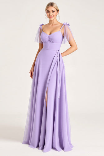 Lilac A Line Spaghetti Straps Maxi Bridesmaid Dress with Ruffles
