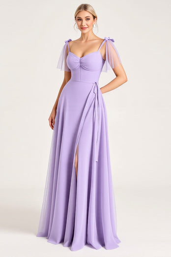Lilac A Line Spaghetti Straps Maxi Bridesmaid Dress with Ruffles
