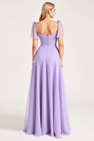 Load image into Gallery viewer, Lilac A Line Spaghetti Straps Maxi Bridesmaid Dress with Ruffles
