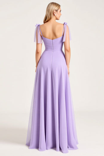 Lilac A Line Spaghetti Straps Maxi Bridesmaid Dress with Ruffles