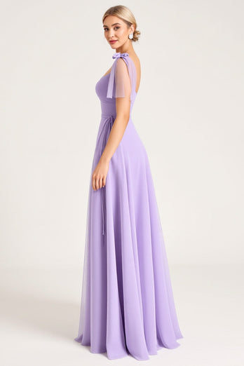 Lilac A Line Spaghetti Straps Maxi Bridesmaid Dress with Ruffles