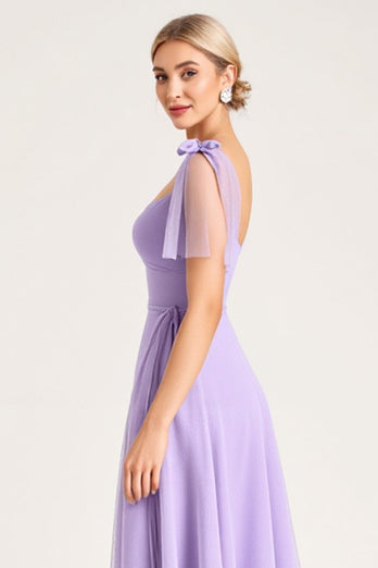 Lilac A Line Spaghetti Straps Maxi Bridesmaid Dress with Ruffles