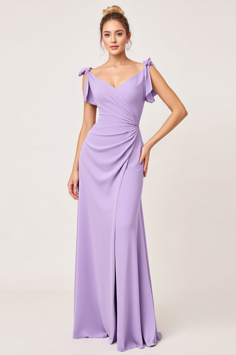 Lilac V neck Sheath Maxi Bridesmaid Dress with Ruffles