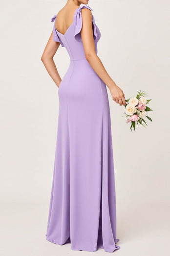 Lilac V neck Sheath Maxi Bridesmaid Dress with Ruffles