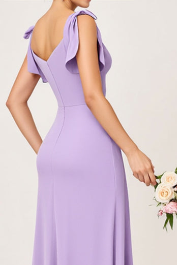 Lilac V neck Sheath Maxi Bridesmaid Dress with Ruffles