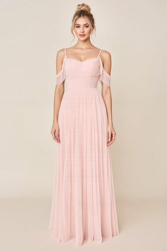 Blush Pink Cold Shoulder A Line Maxi Bridesmaid Dress