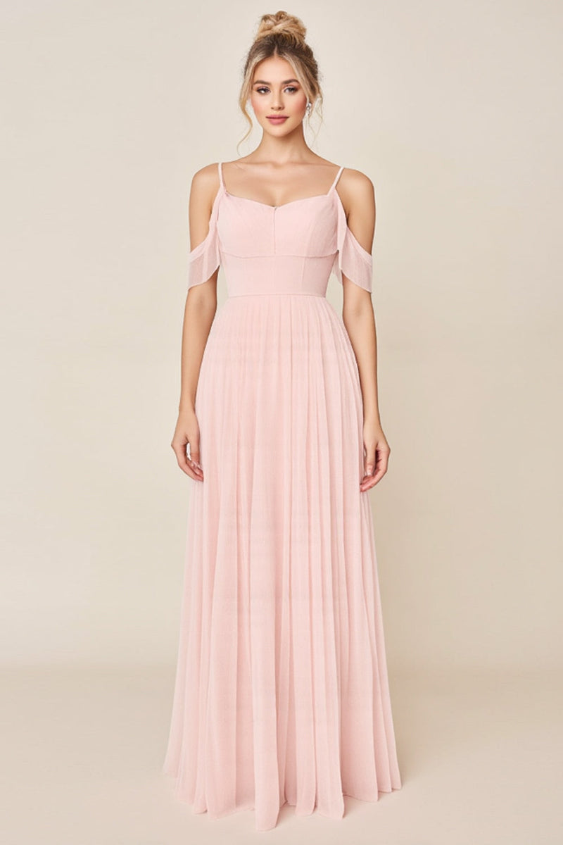 Load image into Gallery viewer, Blush Pink Cold Shoulder A Line Maxi Bridesmaid Dress