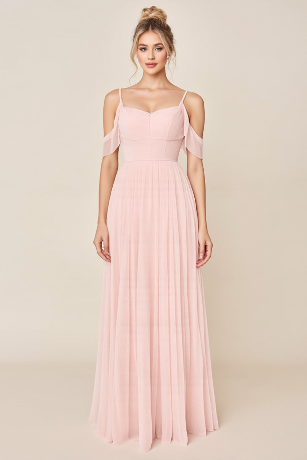 Blush Pink Cold Shoulder A Line Maxi Bridesmaid Dress