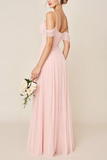 Blush Pink Cold Shoulder A Line Maxi Bridesmaid Dress