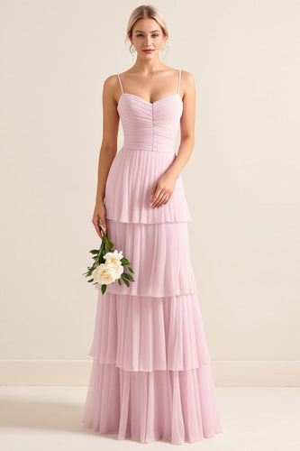 Candy Pink Spaghetti Straps A Line Tiered Maxi Bridesmaid Dress