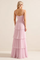 Load image into Gallery viewer, Candy Pink Spaghetti Straps A Line Tiered Maxi Bridesmaid Dress