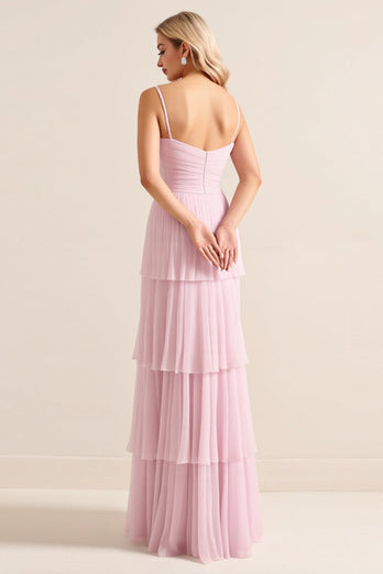 Candy Pink Spaghetti Straps A Line Tiered Maxi Bridesmaid Dress