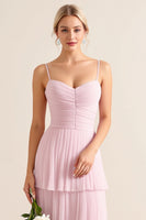Load image into Gallery viewer, Candy Pink Spaghetti Straps A Line Tiered Maxi Bridesmaid Dress