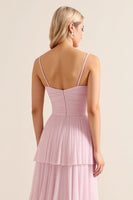 Load image into Gallery viewer, Candy Pink Spaghetti Straps A Line Tiered Maxi Bridesmaid Dress