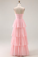 Load image into Gallery viewer, Candy Pink Spaghetti Straps A Line Tiered Maxi Bridesmaid Dress
