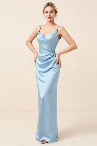 Sky Blue Satin Sheath Maxi Bridesmaid Dress