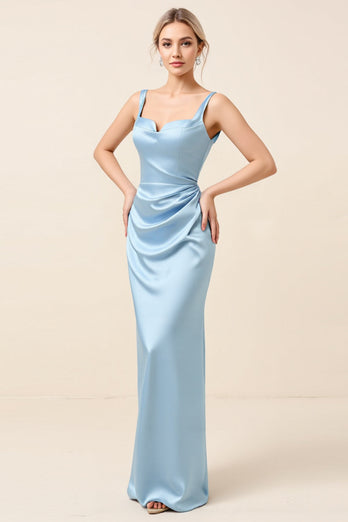 Sky Blue Satin Sheath Maxi Bridesmaid Dress