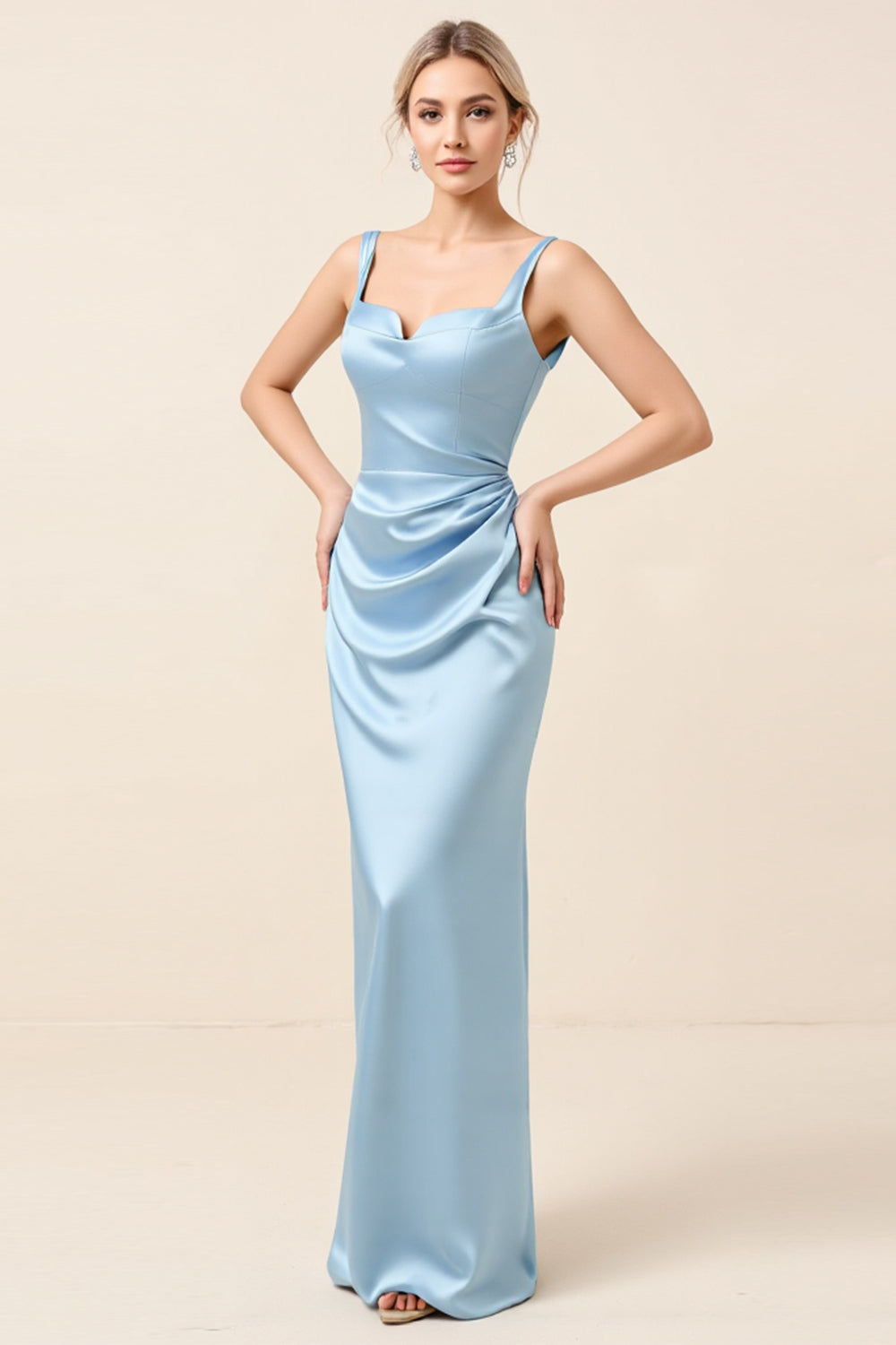 Sky Blue Satin Sheath Maxi Bridesmaid Dress