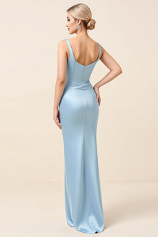 Sky Blue Satin Sheath Maxi Bridesmaid Dress