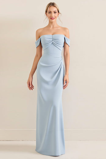 Simple Sky Blue Satin Off the Shoulder Sheath Maxi Bridesmaid Dress