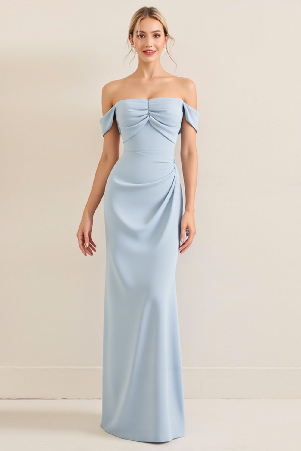 Simple Sky Blue Satin Off the Shoulder Sheath Maxi Bridesmaid Dress