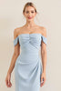 Load image into Gallery viewer, Simple Sky Blue Satin Off the Shoulder Sheath Maxi Bridesmaid Dress