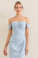 Load image into Gallery viewer, Simple Sky Blue Satin Off the Shoulder Sheath Maxi Bridesmaid Dress