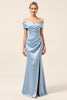 Load image into Gallery viewer, Sky Blue Satin Off the Shoulder Mermaid Maxi Bridesmaid Dress with Slit
