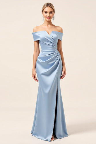 Sky Blue Satin Off the Shoulder Mermaid Maxi Bridesmaid Dress with Slit