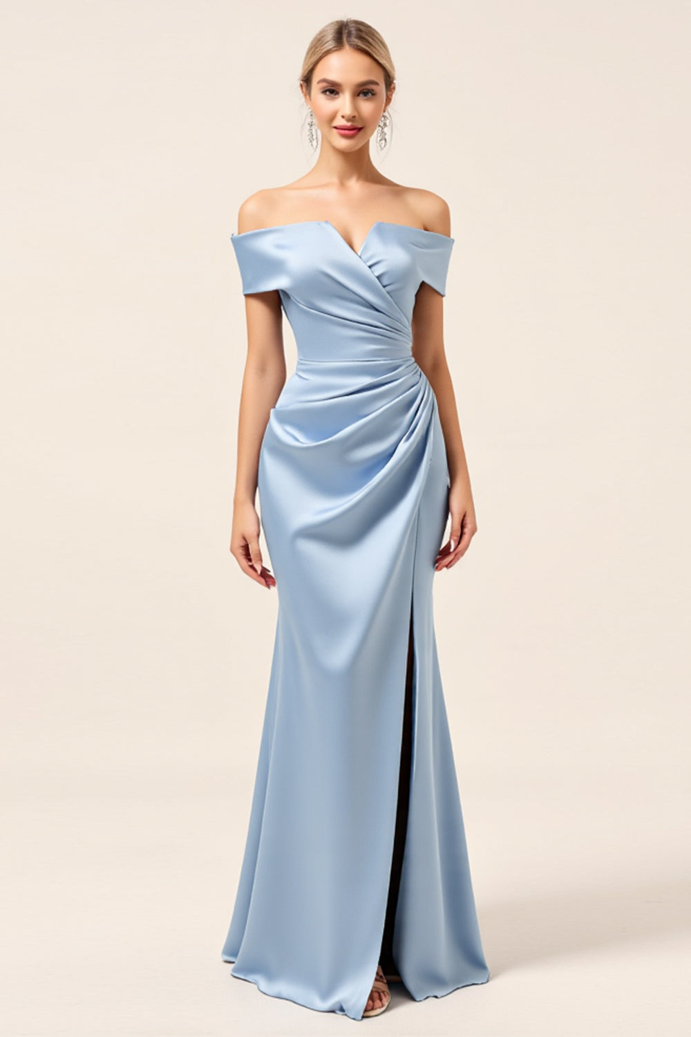 Sky Blue Satin Off the Shoulder Mermaid Maxi Bridesmaid Dress with Slit