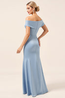 Load image into Gallery viewer, Sky Blue Satin Off the Shoulder Mermaid Maxi Bridesmaid Dress with Slit