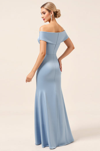 Sky Blue Satin Off the Shoulder Mermaid Maxi Bridesmaid Dress with Slit