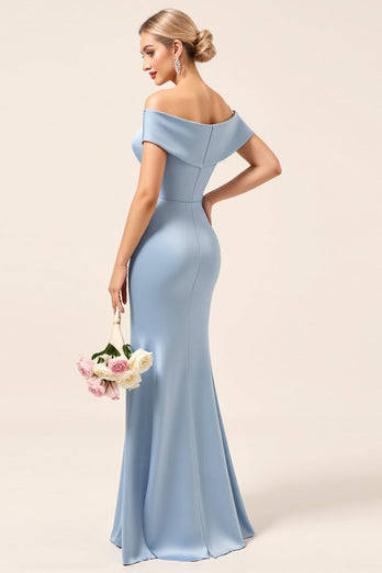 Sky Blue Satin Off the Shoulder Mermaid Maxi Bridesmaid Dress with Slit