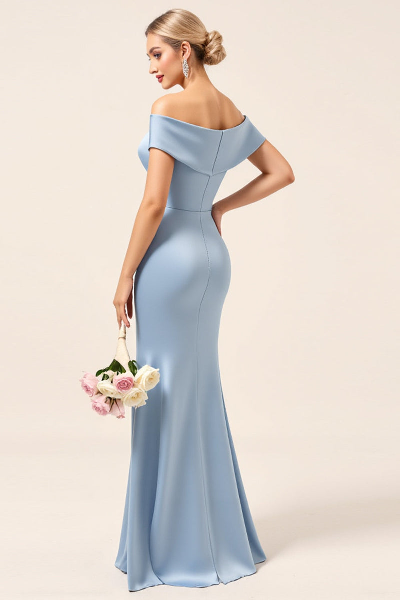 Load image into Gallery viewer, Sky Blue Satin Off the Shoulder Mermaid Maxi Bridesmaid Dress with Slit