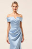 Load image into Gallery viewer, Sky Blue Satin Off the Shoulder Mermaid Maxi Bridesmaid Dress with Slit